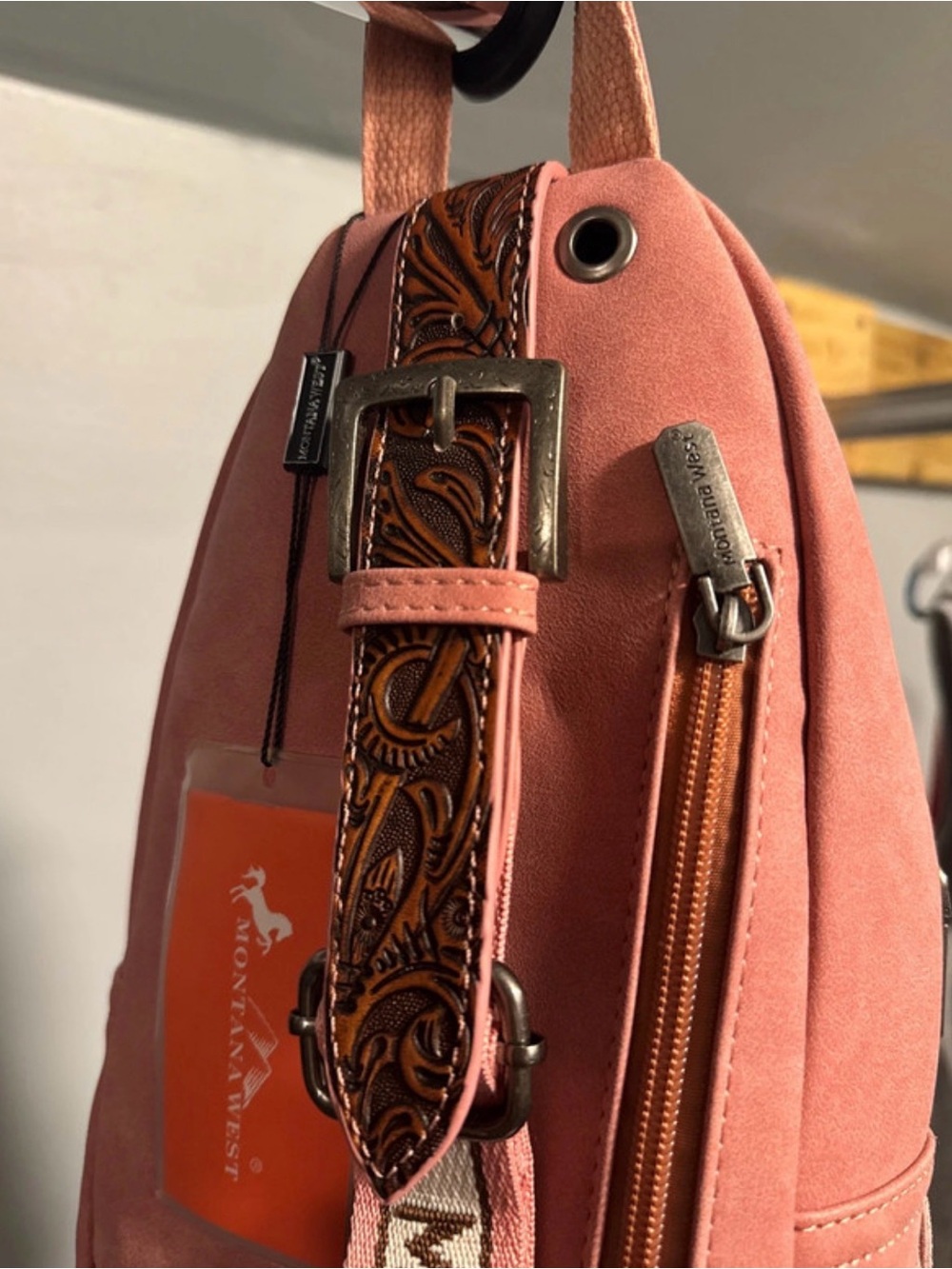 Montana West Pink Suede Fringe Crossbody with Tooled Brown Leather Pocket - Picture 5 of 5